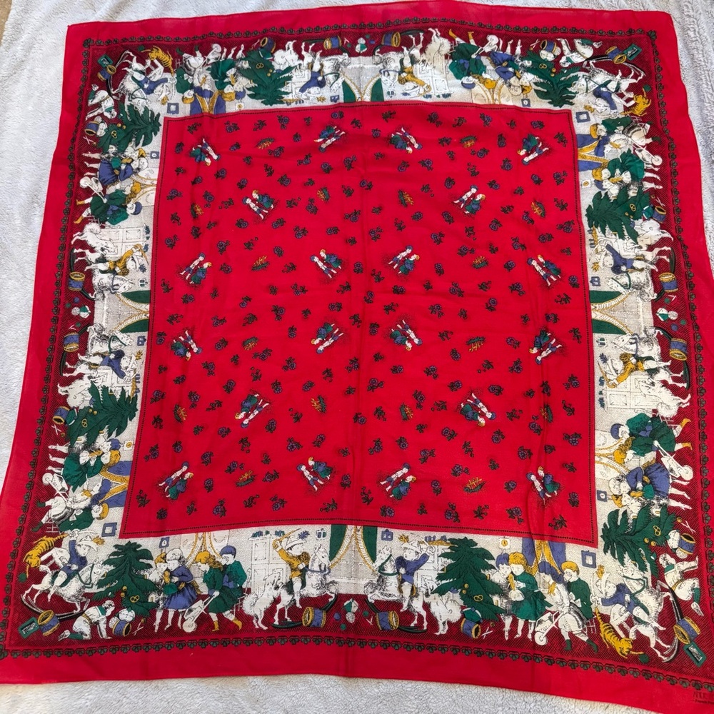 Anne‎ Marie French Provencal Illustrated Cotton Scarf Red Holiday Scene